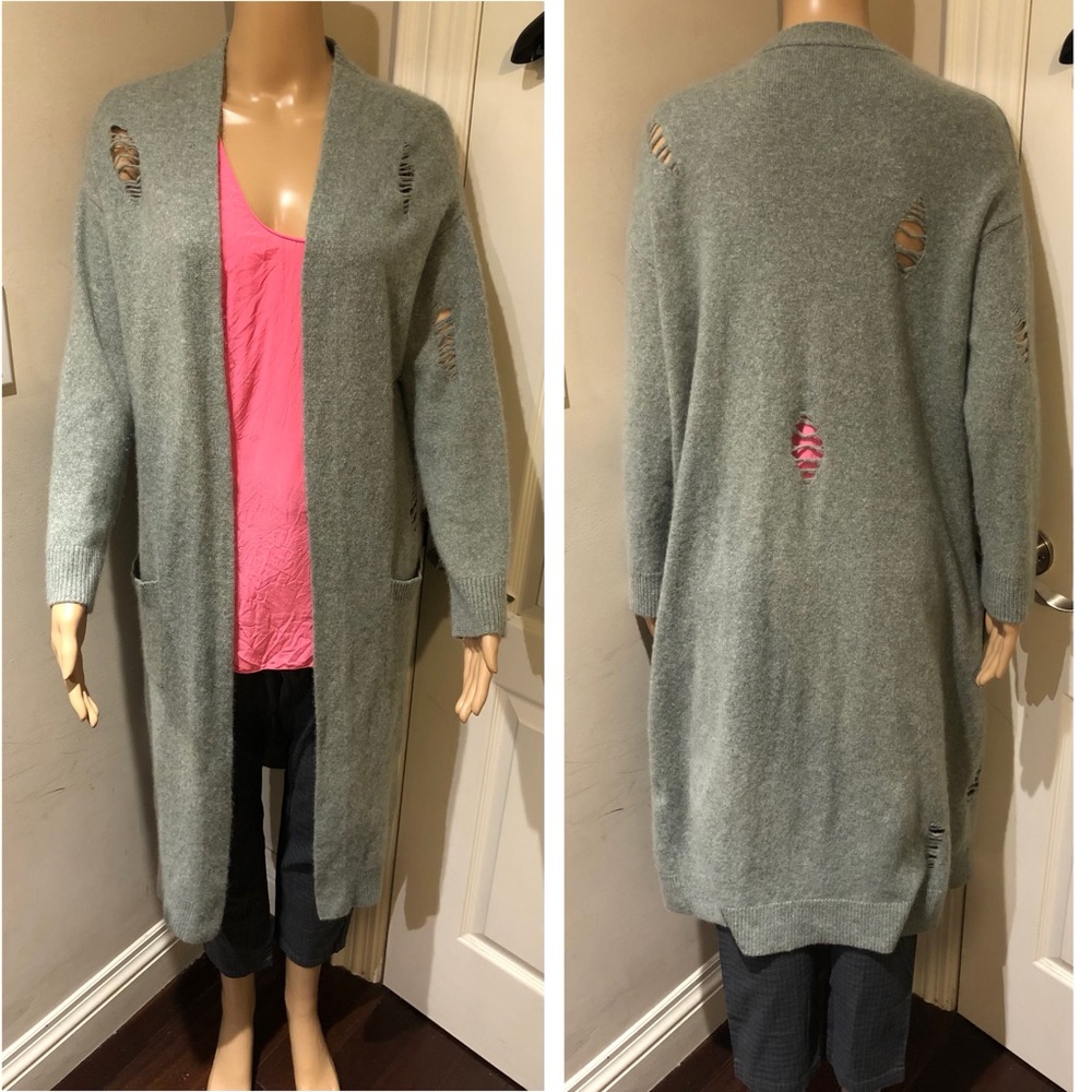 Designer Zadig & Voltaire Distressed 100% Cashmere Long Open Front Cardigan